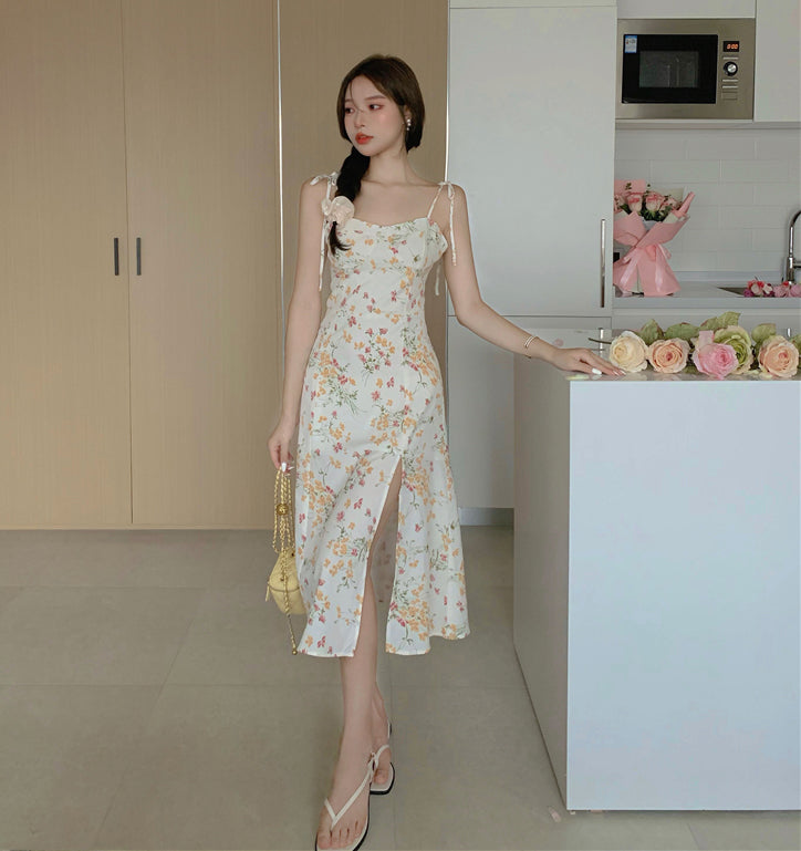 Summer Temperament Lovely Women Floral Sleeveless Spaghetti Straps Side Split High Waist Dress