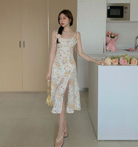 Summer Temperament Lovely Women Floral Sleeveless Spaghetti Straps Side Split High Waist Dress