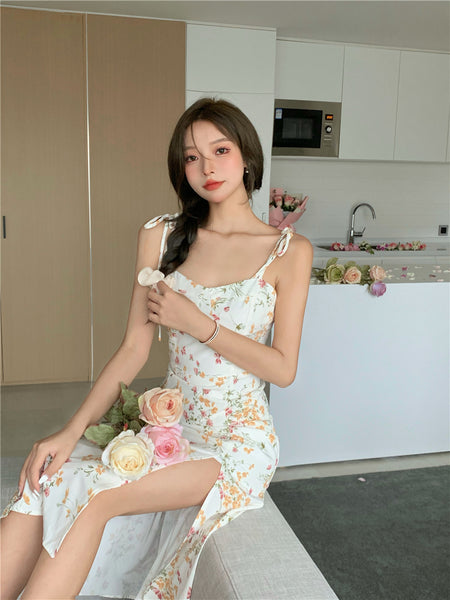 Summer Temperament Lovely Women Floral Sleeveless Spaghetti Straps Side Split High Waist Dress