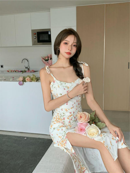 Summer Temperament Lovely Women Floral Sleeveless Spaghetti Straps Side Split High Waist Dress
