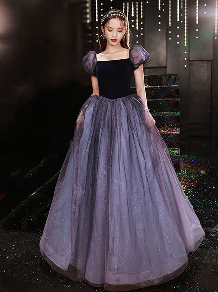 Sparkly Princess Retro Puff Short Sleeve Square Neck Collar Maxi Gown Long Evening Dress