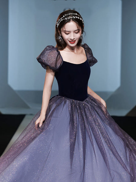 Sparkly Princess Retro Puff Short Sleeve Square Neck Collar Maxi Gown Long Evening Dress