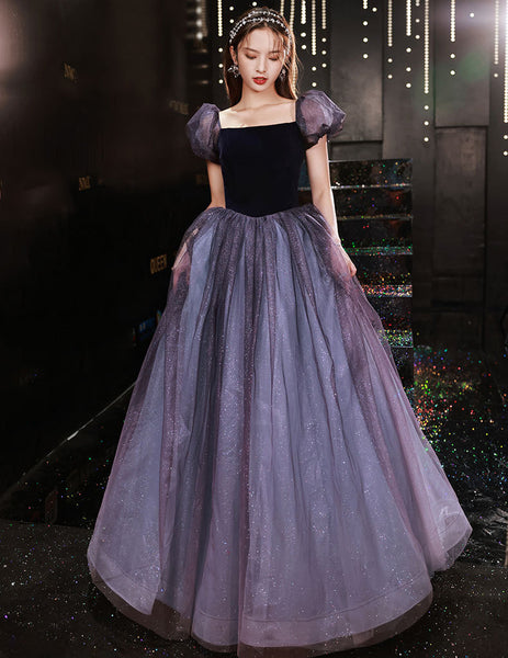 Sparkly Princess Retro Puff Short Sleeve Square Neck Collar Maxi Gown Long Evening Dress