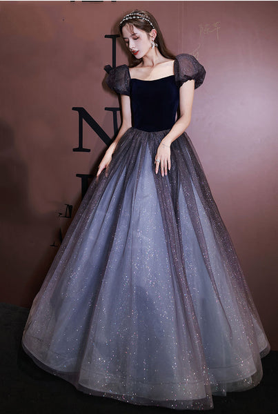 Sparkly Princess Retro Puff Short Sleeve Square Neck Collar Maxi Gown Long Evening Dress