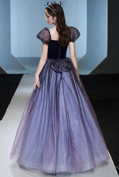 Sparkly Princess Retro Puff Short Sleeve Square Neck Collar Maxi Gown Long Evening Dress