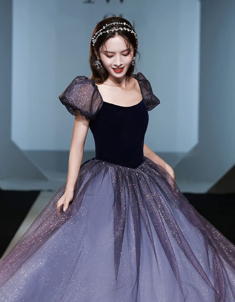 Sparkly Princess Retro Puff Short Sleeve Square Neck Collar Maxi Gown Long Evening Dress