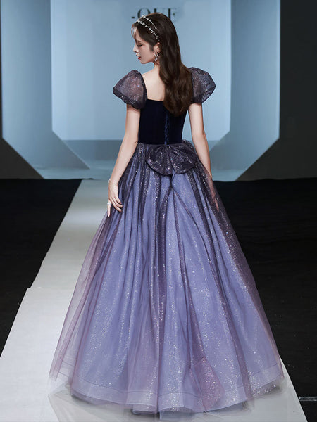 Sparkly Princess Retro Puff Short Sleeve Square Neck Collar Maxi Gown Long Evening Dress