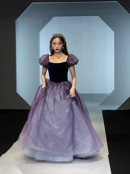 Sparkly Princess Retro Puff Short Sleeve Square Neck Collar Maxi Gown Long Evening Dress