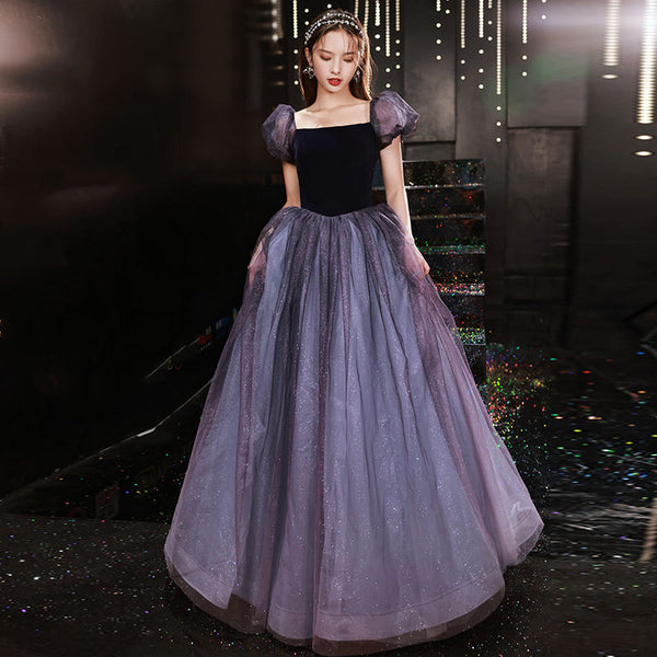 Sparkly Princess Retro Puff Short Sleeve Square Neck Collar Maxi Gown Long Evening Dress