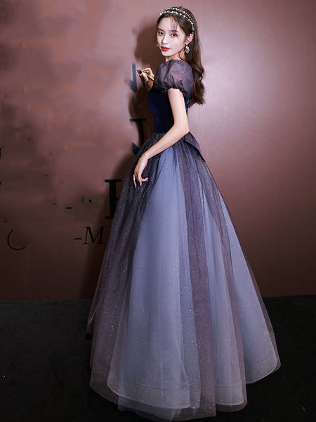 Sparkly Princess Retro Puff Short Sleeve Square Neck Collar Maxi Gown Long Evening Dress