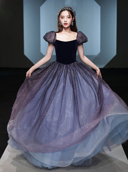 Sparkly Princess Retro Puff Short Sleeve Square Neck Collar Maxi Gown Long Evening Dress