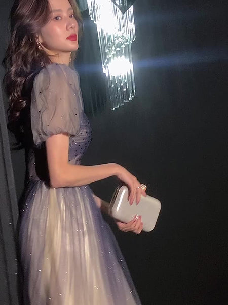 Perfect Look Starry Gradient Color Purple Short Sleeves Sweetheart Bandage Bride Bridesmaid Dress