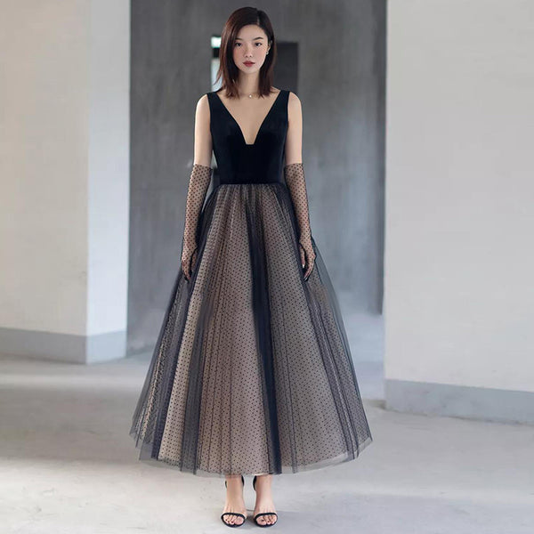 Temperament Elegant Ladies V Neck Sleeveless Birthday Party Banquet Cocktail Prom Tulle A Line Dress