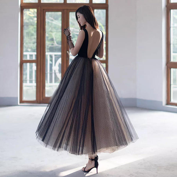 Temperament Elegant Ladies V Neck Sleeveless Birthday Party Banquet Cocktail Prom Tulle A Line Dress