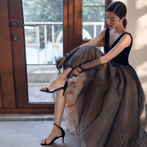 Temperament Elegant Ladies V Neck Sleeveless Birthday Party Banquet Cocktail Prom Tulle A Line Dress