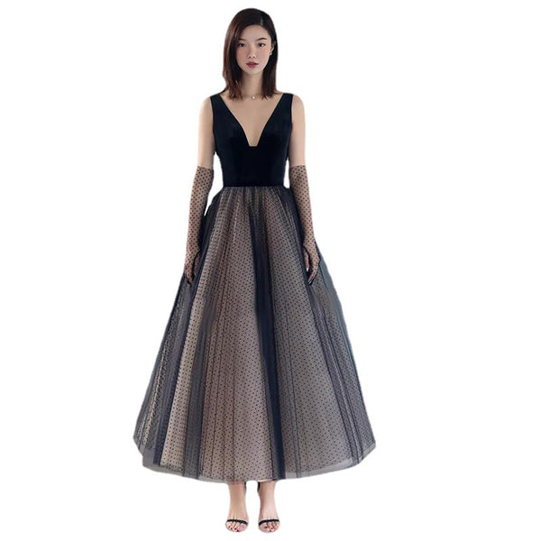Temperament Elegant Ladies V Neck Sleeveless Birthday Party Banquet Cocktail Prom Tulle A Line Dress