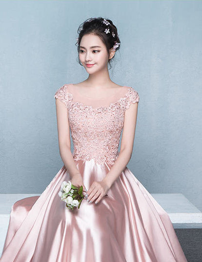 Amazing Sweet Women Round Neck Short Sleeves High Waist Evening Satin Gown Dress