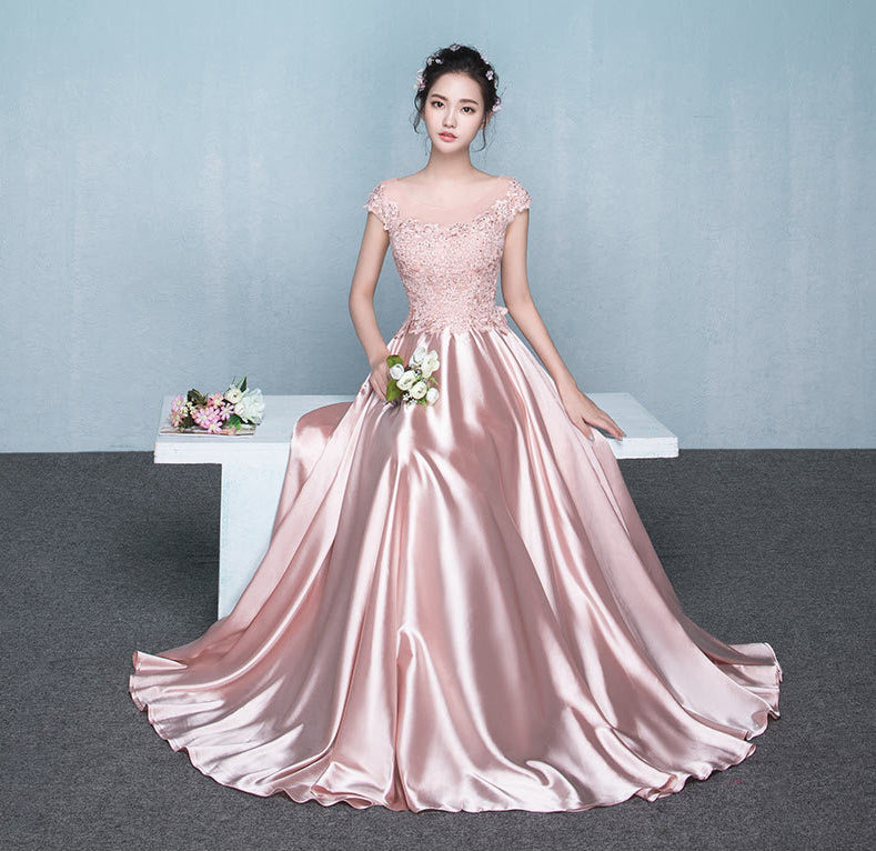 Amazing Sweet Women Round Neck Short Sleeves High Waist Evening Satin Gown Dress