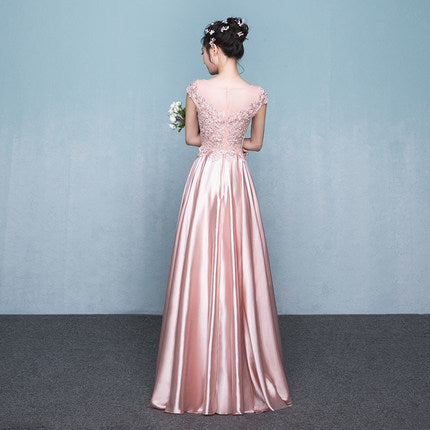 Amazing Sweet Women Round Neck Short Sleeves High Waist Evening Satin Gown Dress