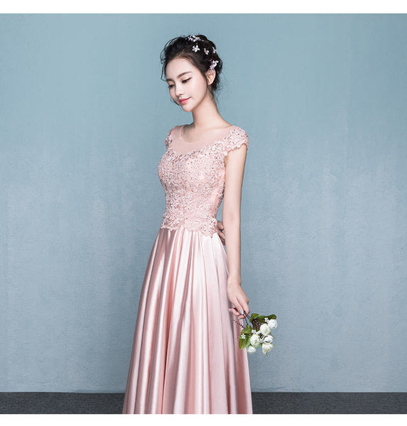 Amazing Sweet Women Round Neck Short Sleeves High Waist Evening Satin Gown Dress