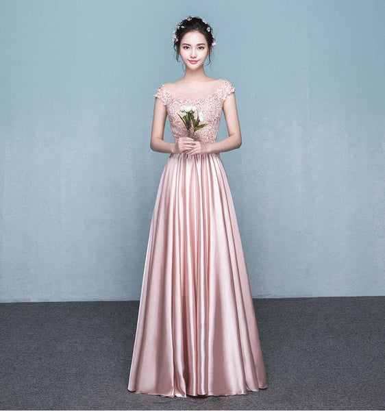 Amazing Sweet Women Round Neck Short Sleeves High Waist Evening Satin Gown Dress