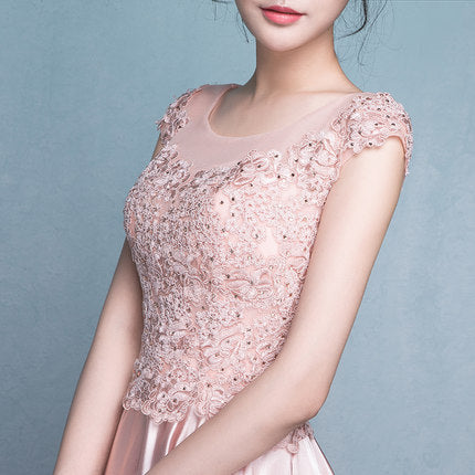 Amazing Sweet Women Round Neck Short Sleeves High Waist Evening Satin Gown Dress