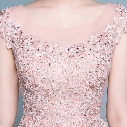 Amazing Sweet Women Round Neck Short Sleeves High Waist Evening Satin Gown Dress