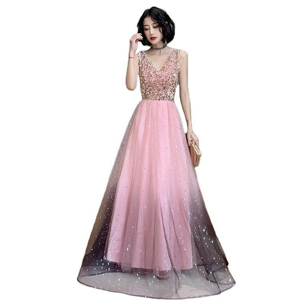 Attractive Fairy Women Starry Star Gradient Pink Sleeveless Blink V Neck Up Tulle Party Dress