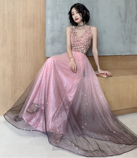 Attractive Fairy Women Starry Star Gradient Pink Sleeveless Blink V Neck Up Tulle Party Dress