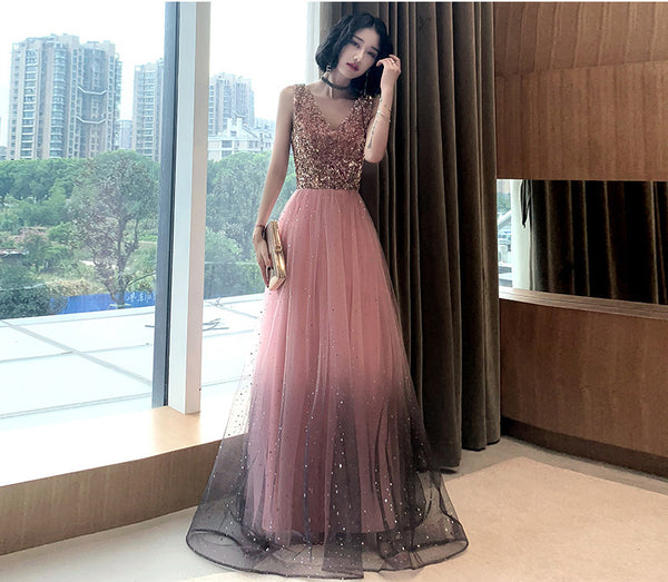 Attractive Fairy Women Starry Star Gradient Pink Sleeveless Blink V Neck Up Tulle Party Dress