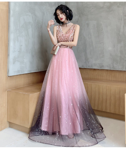 Attractive Fairy Women Starry Star Gradient Pink Sleeveless Blink V Neck Up Tulle Party Dress