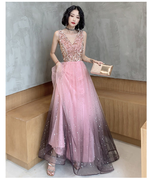 Attractive Fairy Women Starry Star Gradient Pink Sleeveless Blink V Neck Up Tulle Party Dress