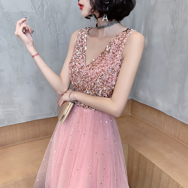 Attractive Fairy Women Starry Star Gradient Pink Sleeveless Blink V Neck Up Tulle Party Dress