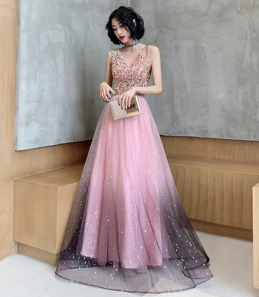 Attractive Fairy Women Starry Star Gradient Pink Sleeveless Blink V Neck Up Tulle Party Dress