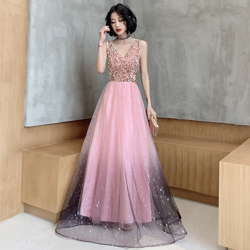 Attractive Fairy Women Starry Star Gradient Pink Sleeveless Blink V Neck Up Tulle Party Dress