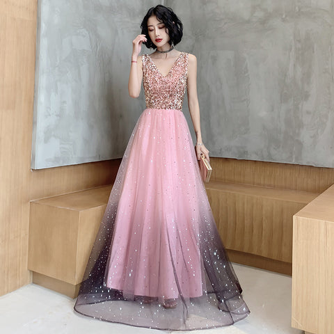 Attractive Fairy Women Starry Star Gradient Pink Sleeveless Blink V Neck Up Tulle Party Dress