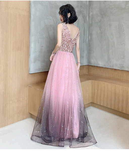 Attractive Fairy Women Starry Star Gradient Pink Sleeveless Blink V Neck Up Tulle Party Dress