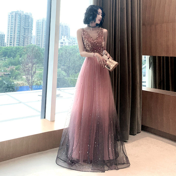Attractive Fairy Women Starry Star Gradient Pink Sleeveless Blink V Neck Up Tulle Party Dress