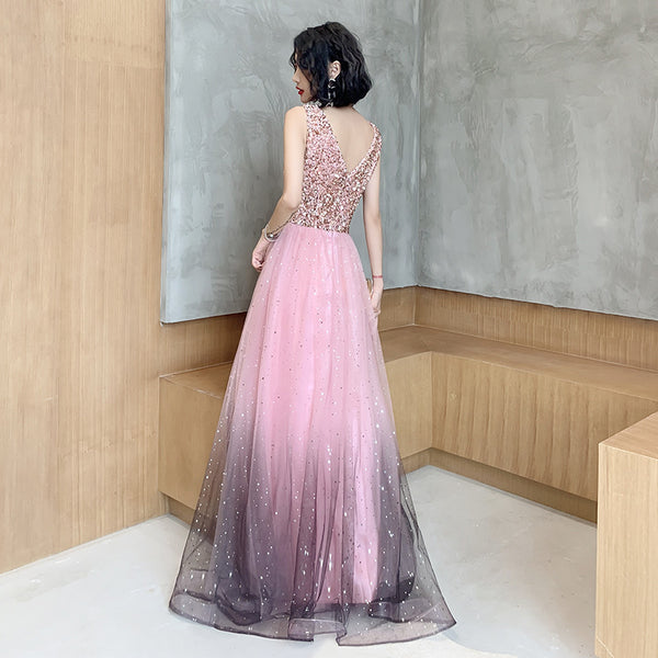 Attractive Fairy Women Starry Star Gradient Pink Sleeveless Blink V Neck Up Tulle Party Dress