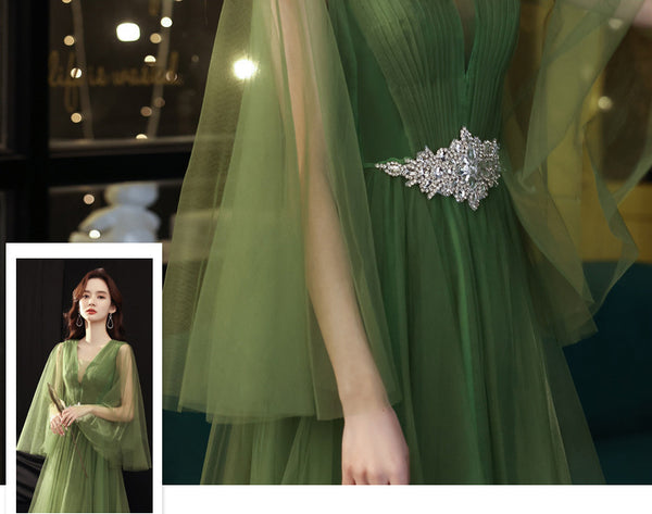 Temperament Impressive Green Women V Neck Tulle Prom Gown Vestido Wedding Birthday Party Dress