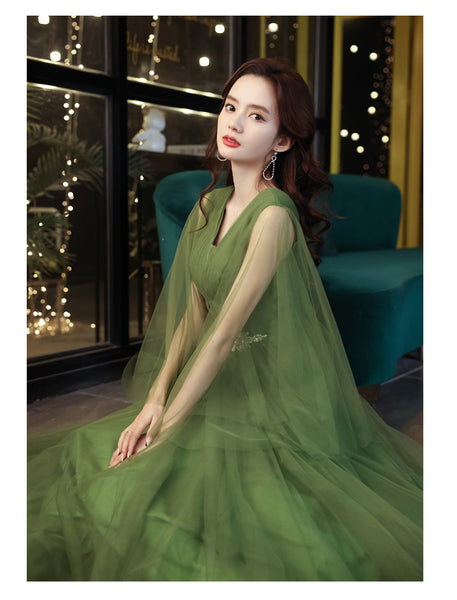 Temperament Impressive Green Women V Neck Tulle Prom Gown Vestido Wedding Birthday Party Dress