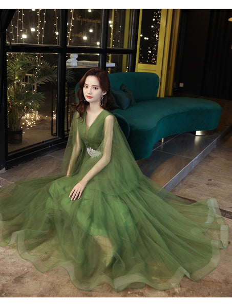 Temperament Impressive Green Women V Neck Tulle Prom Gown Vestido Wedding Birthday Party Dress