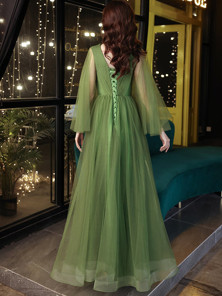 Temperament Impressive Green Women V Neck Tulle Prom Gown Vestido Wedding Birthday Party Dress