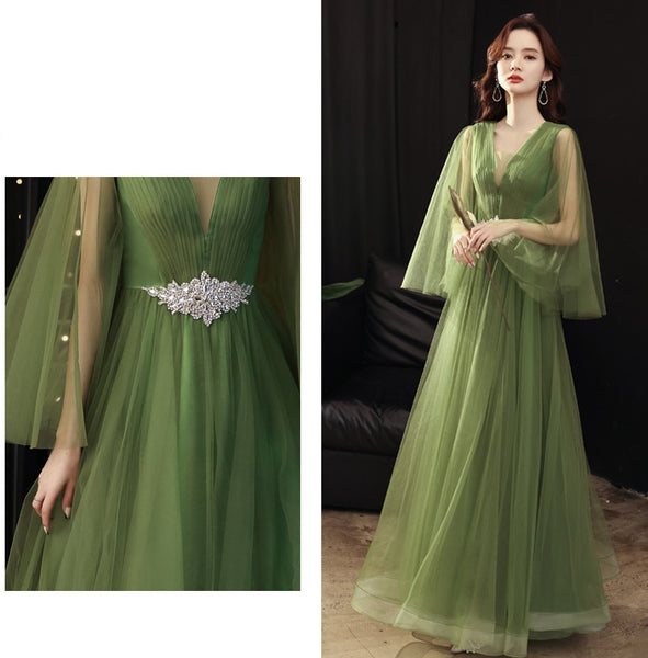 Temperament Impressive Green Women V Neck Tulle Prom Gown Vestido Wedding Birthday Party Dress