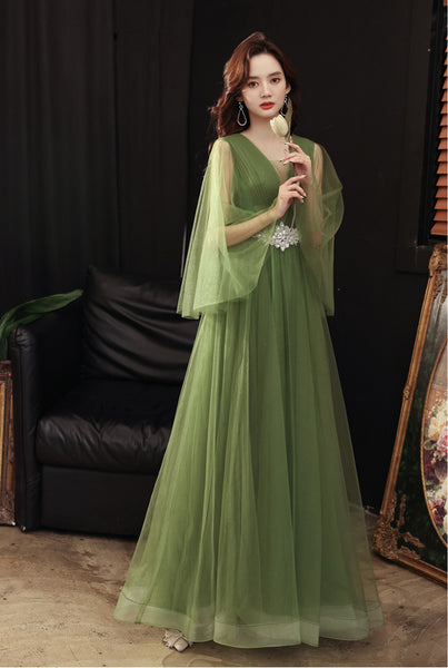 Temperament Impressive Green Women V Neck Tulle Prom Gown Vestido Wedding Birthday Party Dress