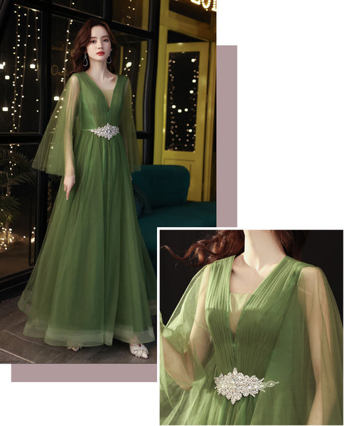 Temperament Impressive Green Women V Neck Tulle Prom Gown Vestido Wedding Birthday Party Dress