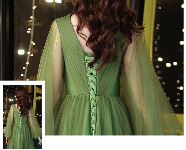 Temperament Impressive Green Women V Neck Tulle Prom Gown Vestido Wedding Birthday Party Dress