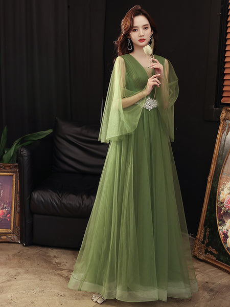 Temperament Impressive Green Women V Neck Tulle Prom Gown Vestido Wedding Birthday Party Dress
