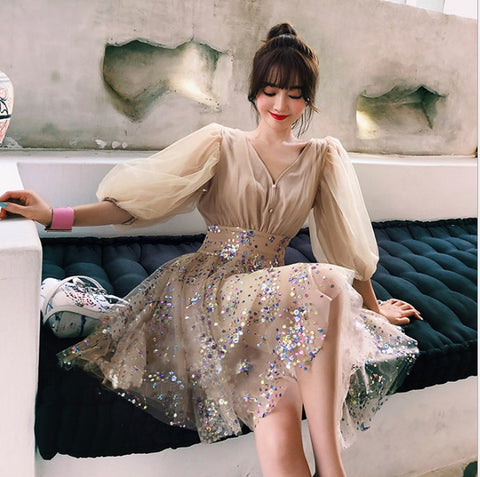 Gorgeous Stunning Sweetly Women Champagne V Neck Sequins Half Sleeves Tulle Dress