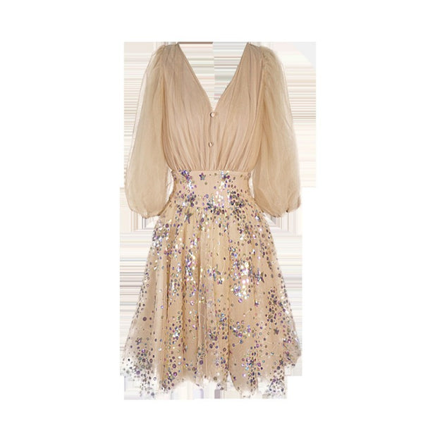 Gorgeous Stunning Sweetly Women Champagne V Neck Sequins Half Sleeves Tulle Dress